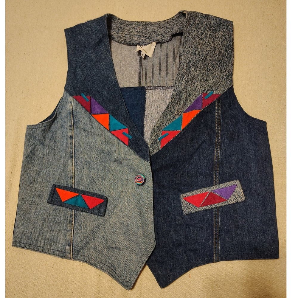 Vintage Nu Views Denim Vest M Colorblock Acid Wash Southwestern Patchwork USA